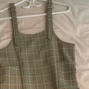 Green plaid suspender dress with pockets